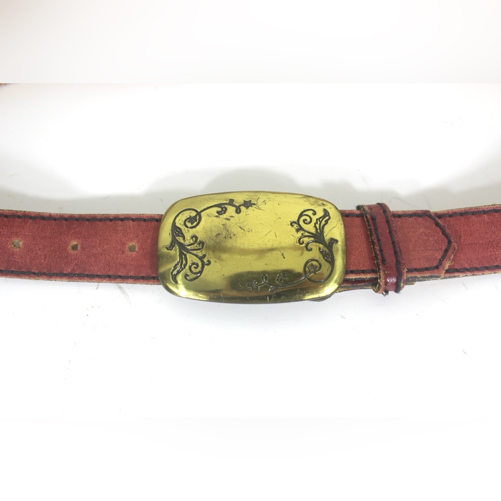 Vintage Red Leather Belt with Gold Statement Buckle Made in USA Black Topstitchi